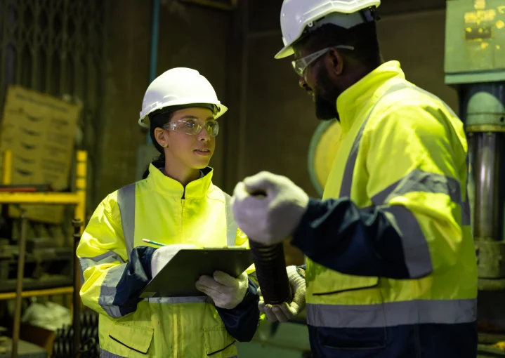 Twee inspecteurs in veiligheidskleding voeren een gesprek op locatie.