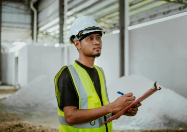 Een man met een veiligheidshelm en vest houdt een clipboard vast, klaar om notities te maken.
